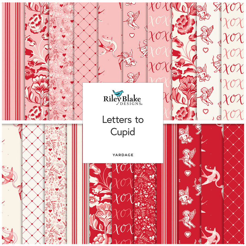 A stacked collage of the red, pink, and white fabrics included in the Letters to Cupid collection.