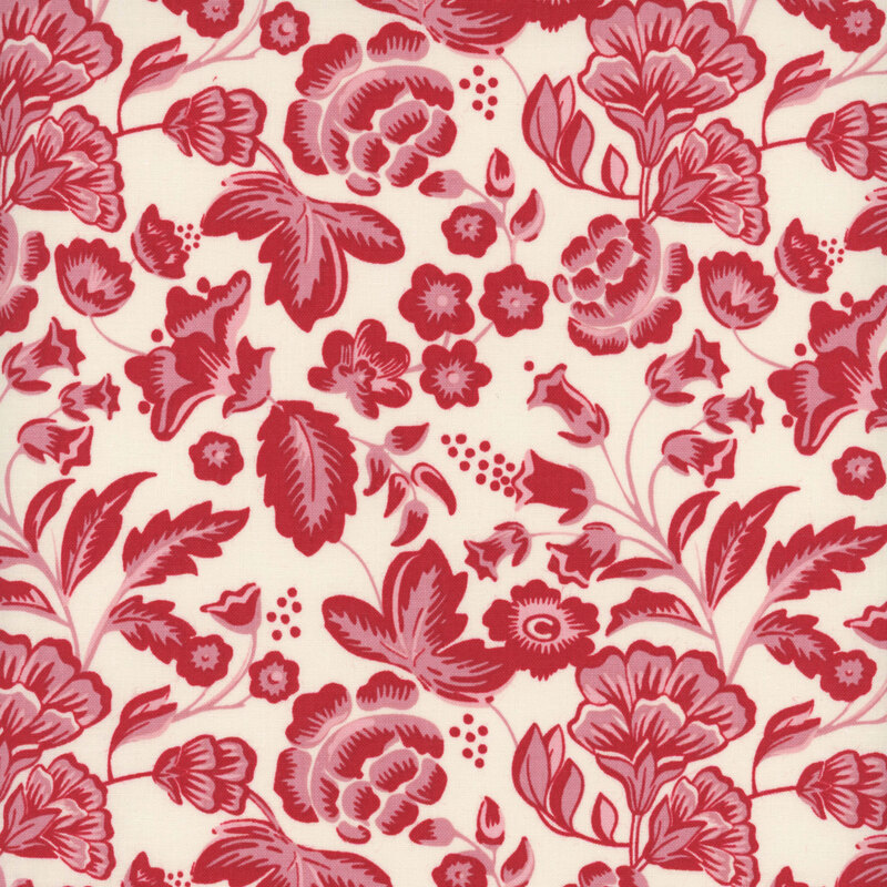 Cream fabric with sprawling illustrations of red leaves and flowers.