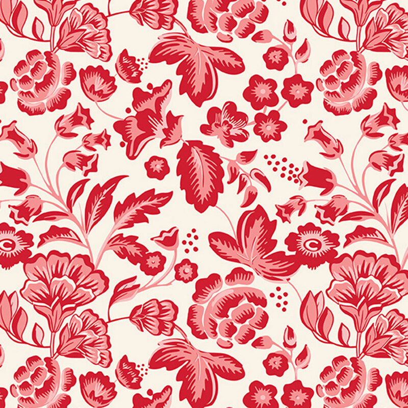 Cream fabric with sprawling illustrations of red leaves and flowers.