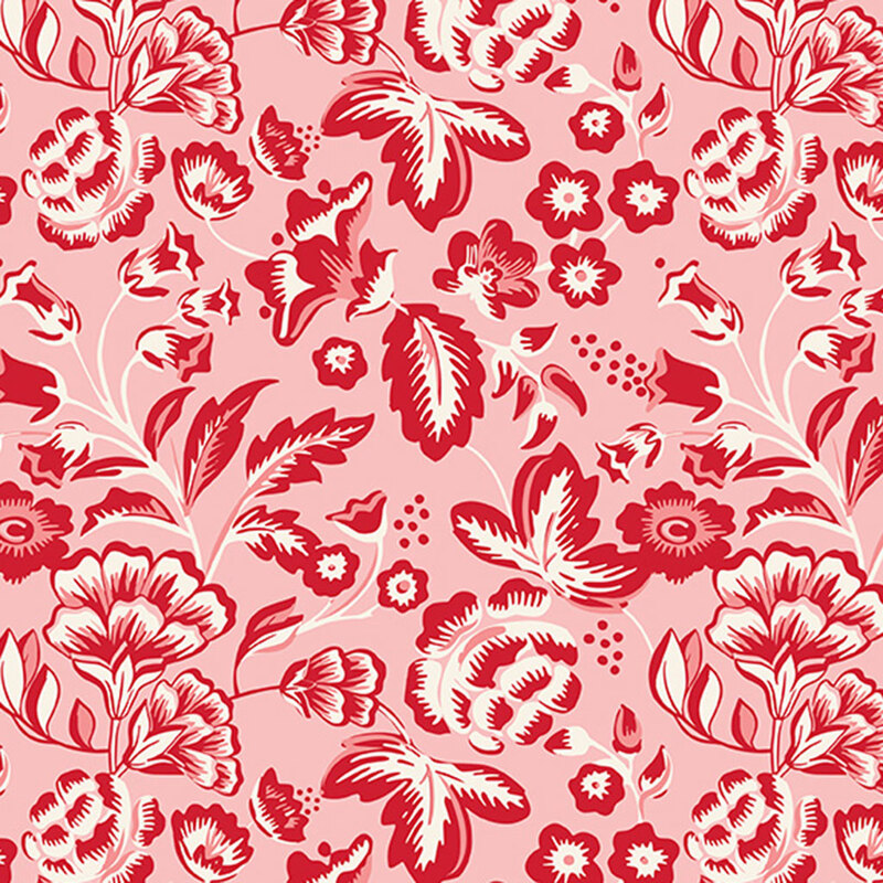 Pink fabric with sprawling illustrations of red and white leaves and flowers.