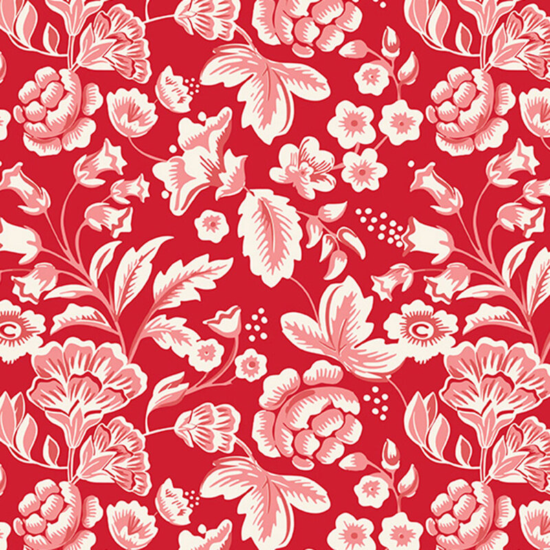 Red fabric with sprawling illustrations of pink and white leaves and flowers.