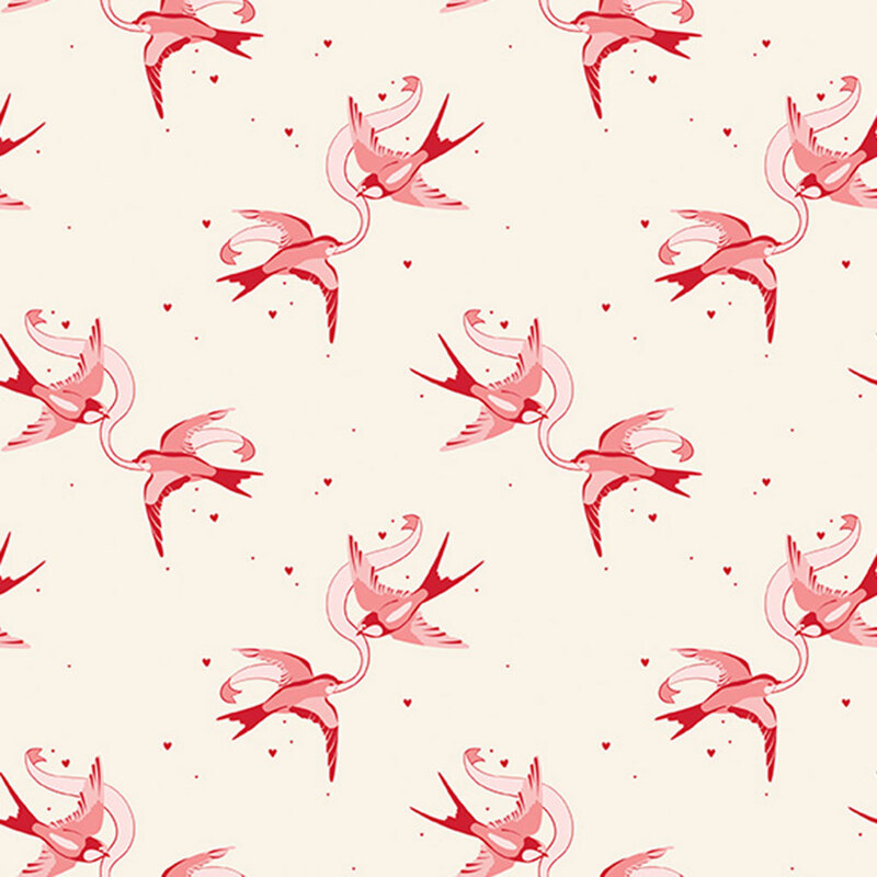 Cream fabric with rotating couples of swallows holding a ribbon between them.