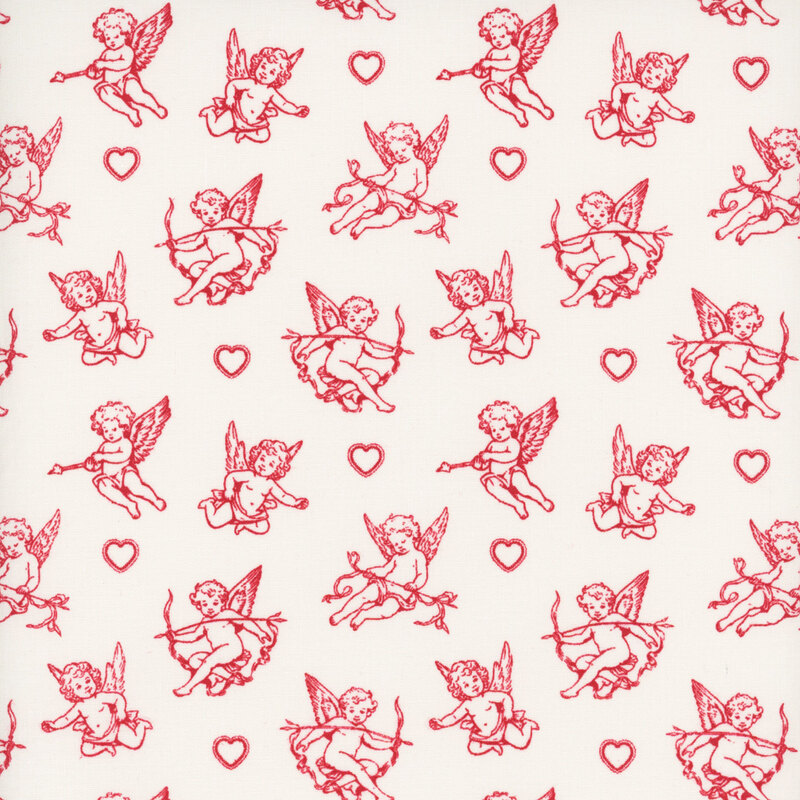 Cream fabric with a cherub cupid with a bow and love arrows with scattered hearts across the fabric.