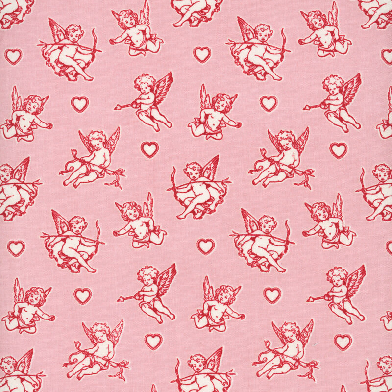 Pink fabric with a cherub cupid with a bow and love arrows with scattered hearts across the fabric.