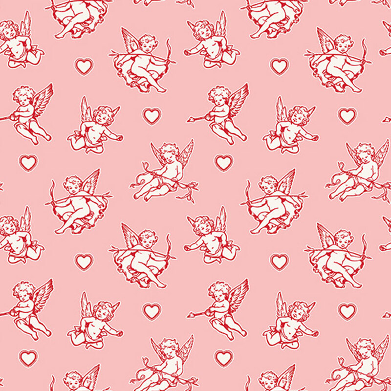 Pink fabric with a cherub cupid with a bow and love arrows with scattered hearts across the fabric.