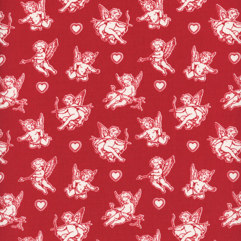Red fabric with a cherub cupid with a bow and love arrows with scattered hearts across the fabric.