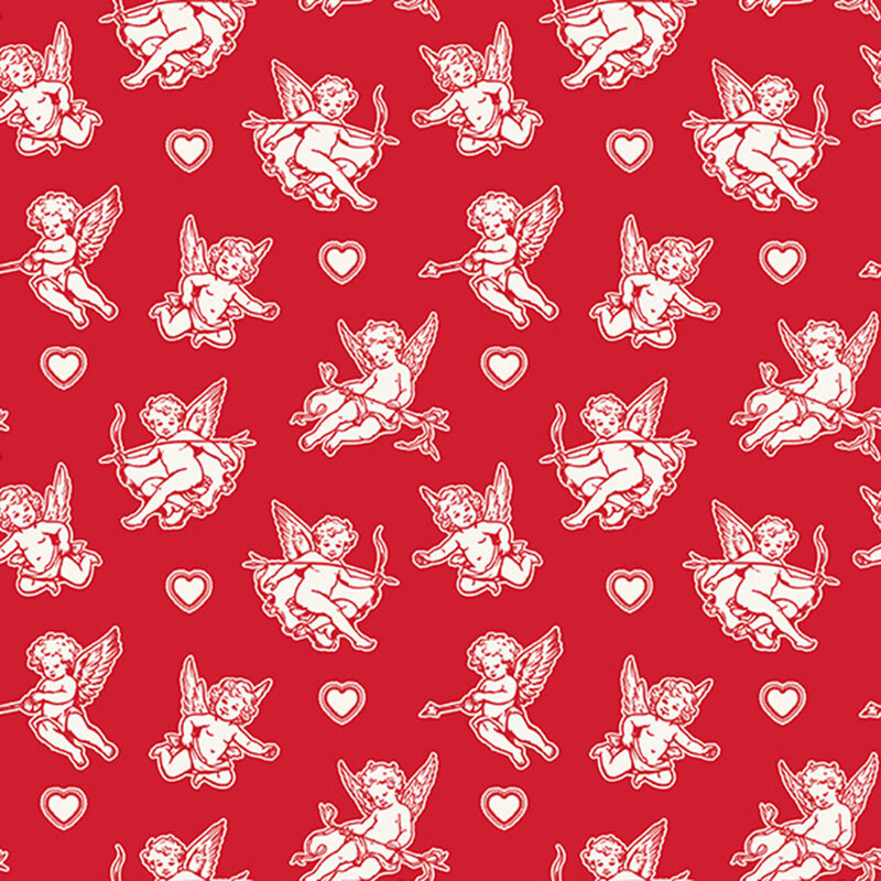 Red fabric with a cherub cupid with a bow and love arrows with scattered hearts across the fabric.