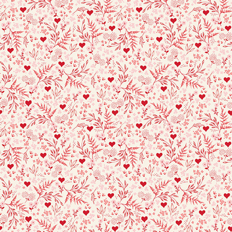 White fabric with a busy design of hearts, flowers, and ferns.