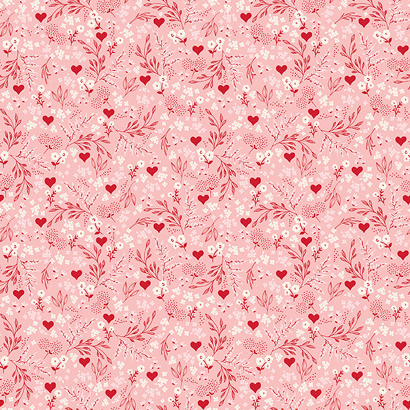 Pink fabric with a busy design of hearts, flowers, and ferns.