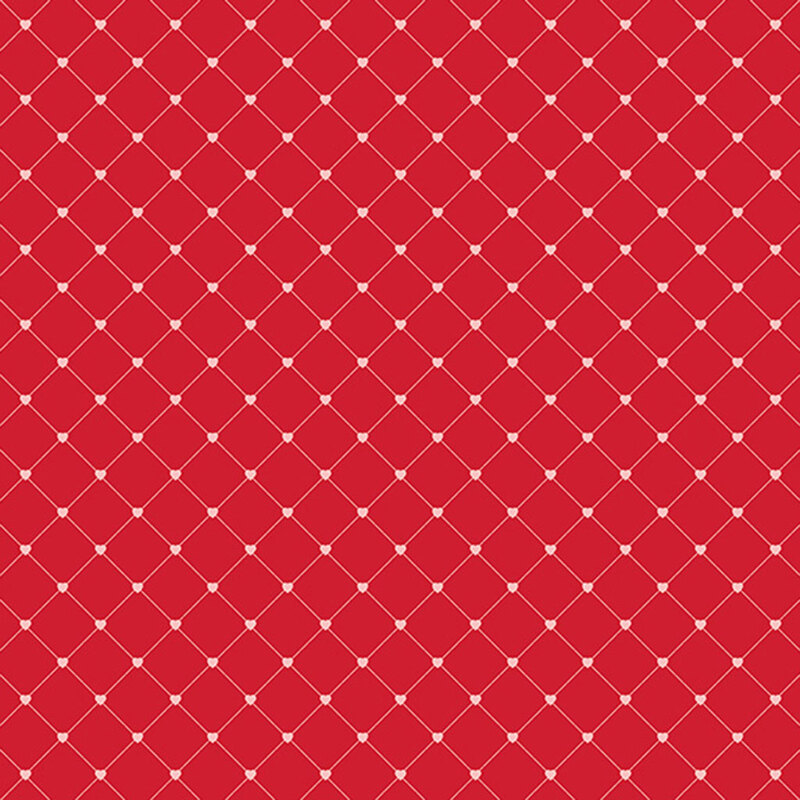 Red fabric with a thin heart lattice design.