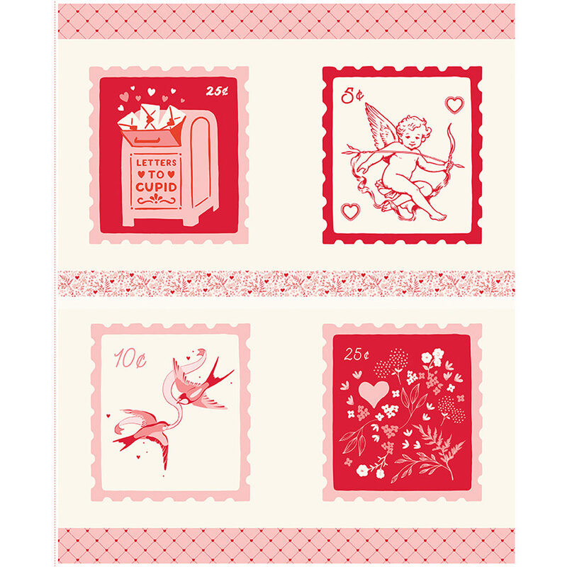 A cream and pink panel with four large stamps of cupid, sparrows, florals, and letters to cupid.