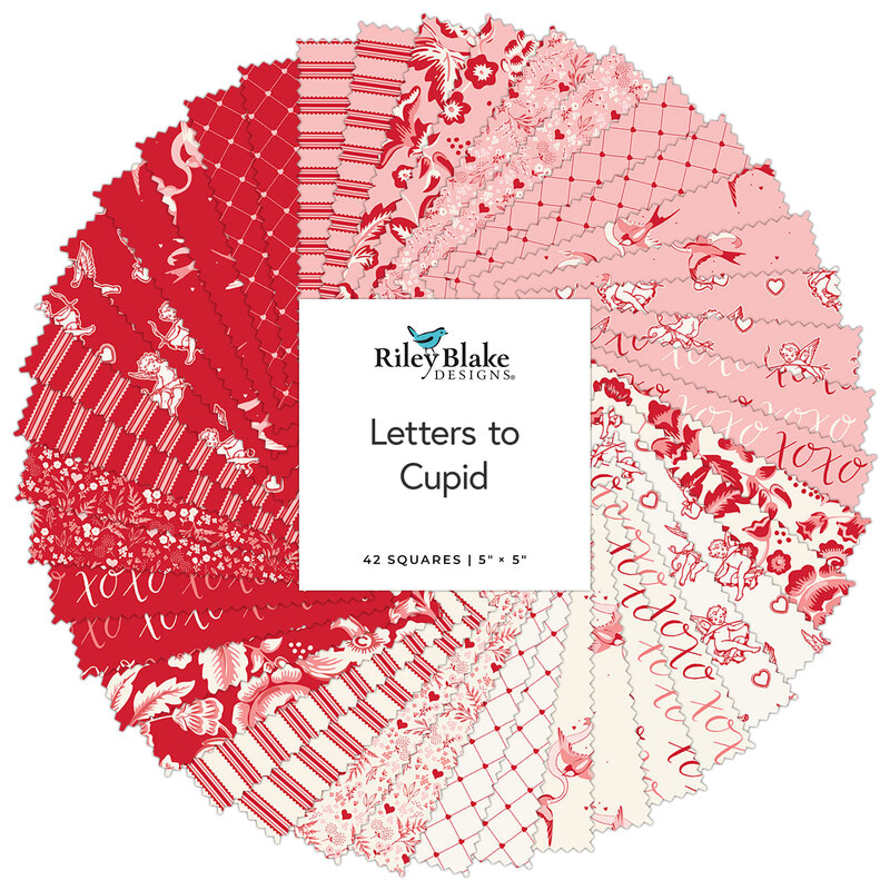 A spiral collage of the red, pink, and white fabrics included in the Letters to Cupid 5