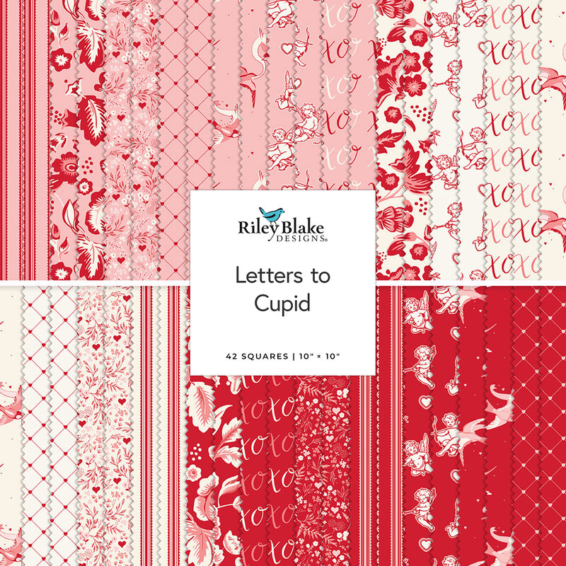 A stacked collage of the red, pink, and white fabrics included in the Letters to Cupid 10