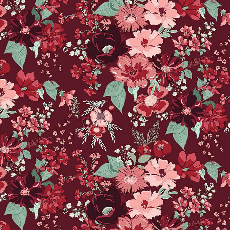 A vibrant floral pattern featuring a variety of pink and red flowers on a dark burgundy fabric.