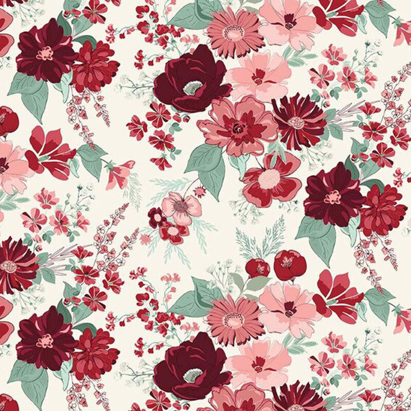 Colorful floral pattern featuring various flowers in shades of red, pink, and green on a light fabric.