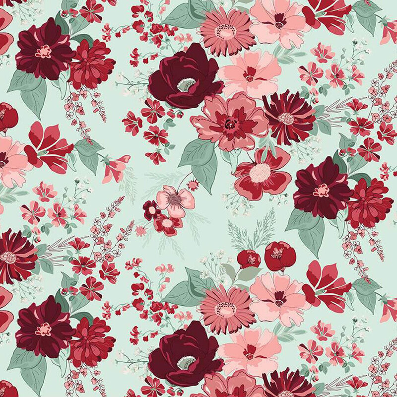 A repeating pattern of red and pink flowers on a mint green fabric.