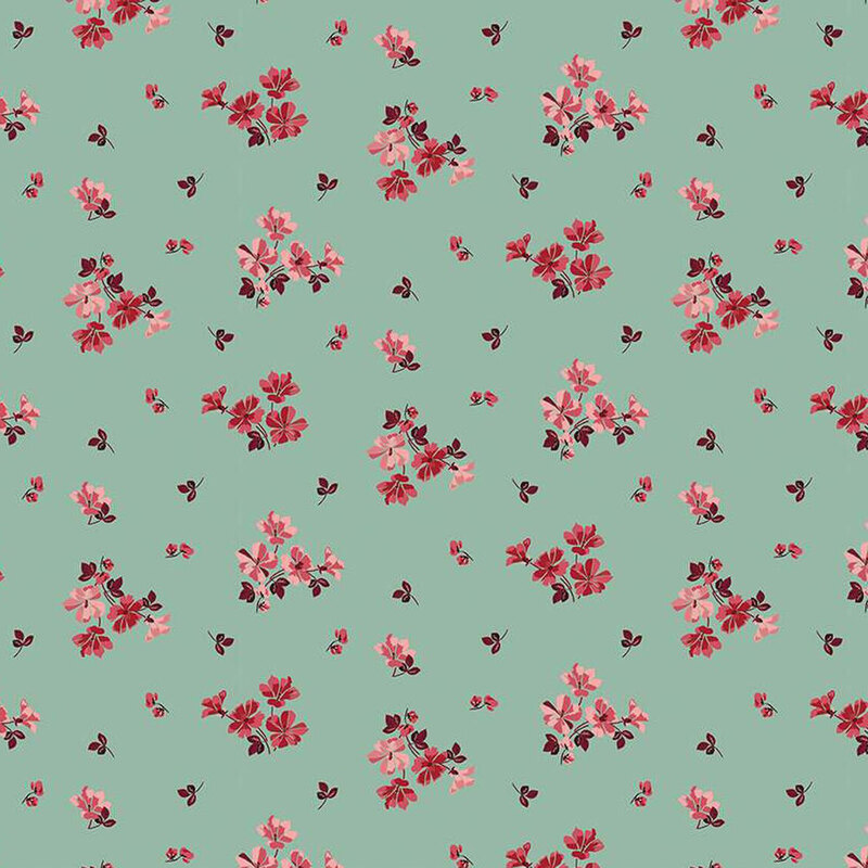 Repeating pattern of pink and red flowers on a soft mint green fabric.