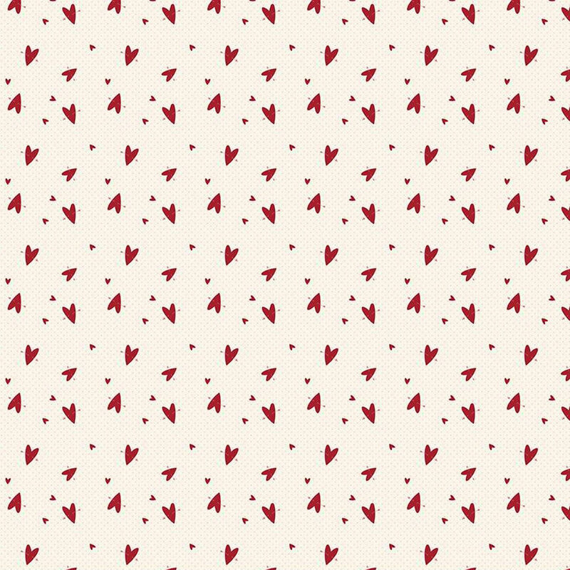 Pattern of small red hearts scattered on a light beige fabric.