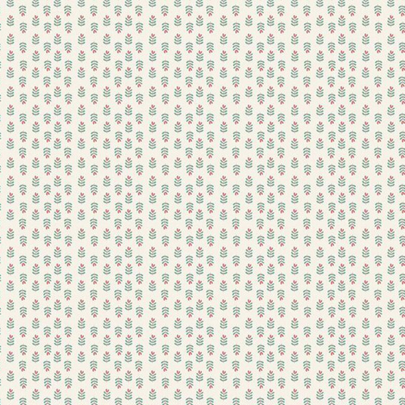 A repeating pattern of small, leafy plants with pink flowers on a white fabric.