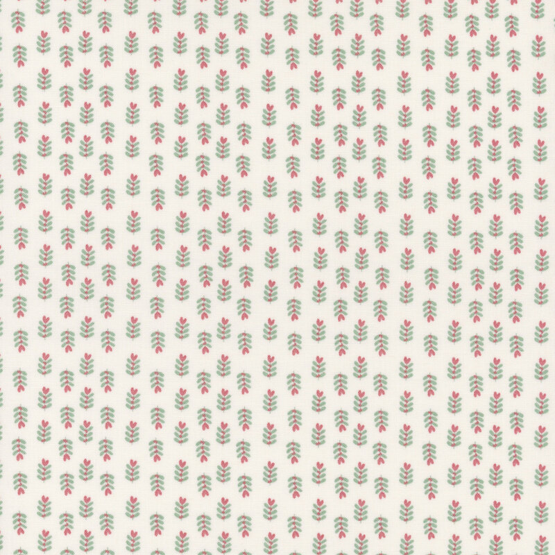 A repeating pattern of small, leafy plants with pink flowers on a white fabric.