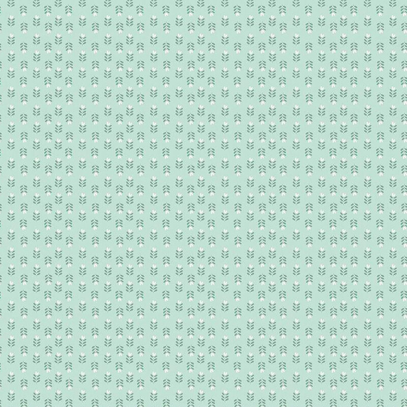 Repeating pattern of small grey florals on a light mint green fabric.