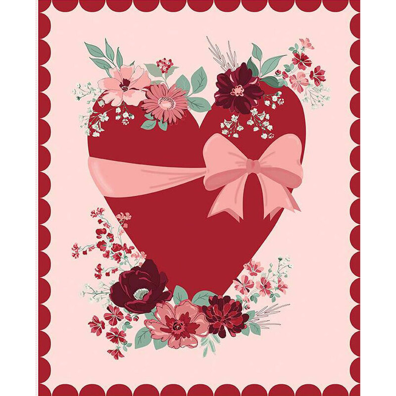 A large red heart adorned with flowers and a pink ribbon, set against a light pink fabric.