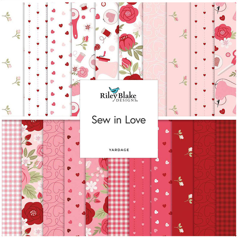 collage fabric pattern of valentines day themed icons and hearts