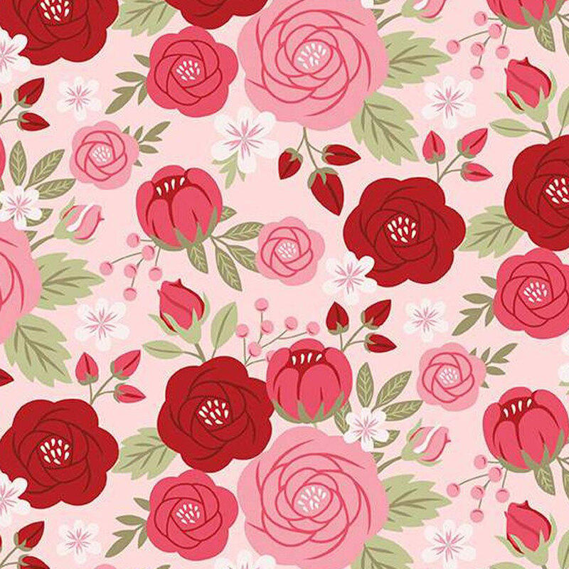 fabric pattern of roses scattered on a light pink background