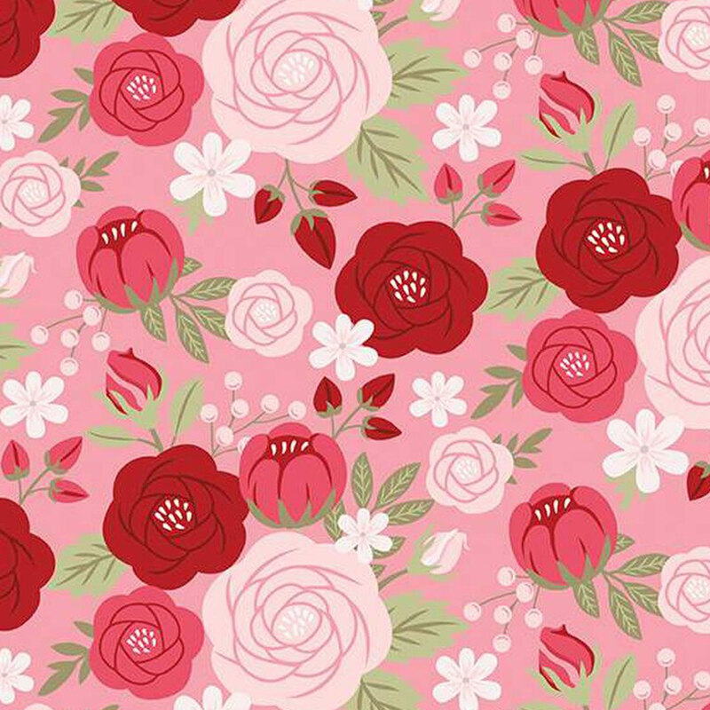 fabric pattern of roses scattered on a pink background