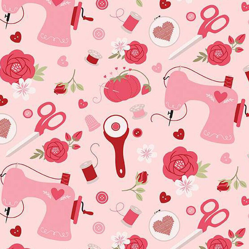 fabric pattern of sewing tools on a light pink background