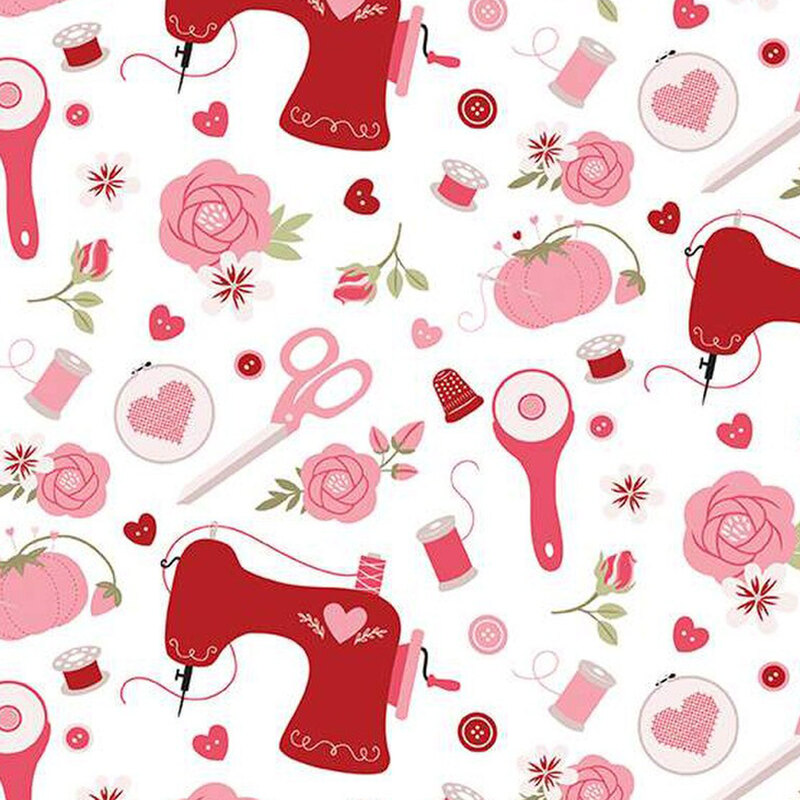 fabric pattern of sewing tools on a white background