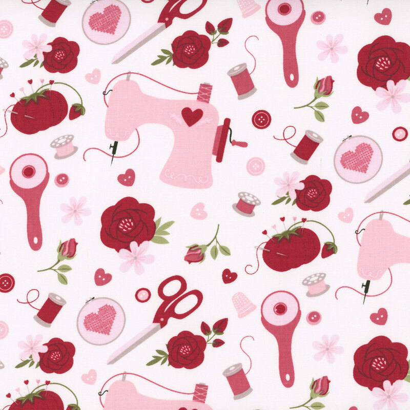 fabric pattern of sewing tools on a white background