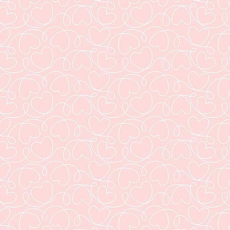 fabric pattern of outlined hearts all over a light pink background