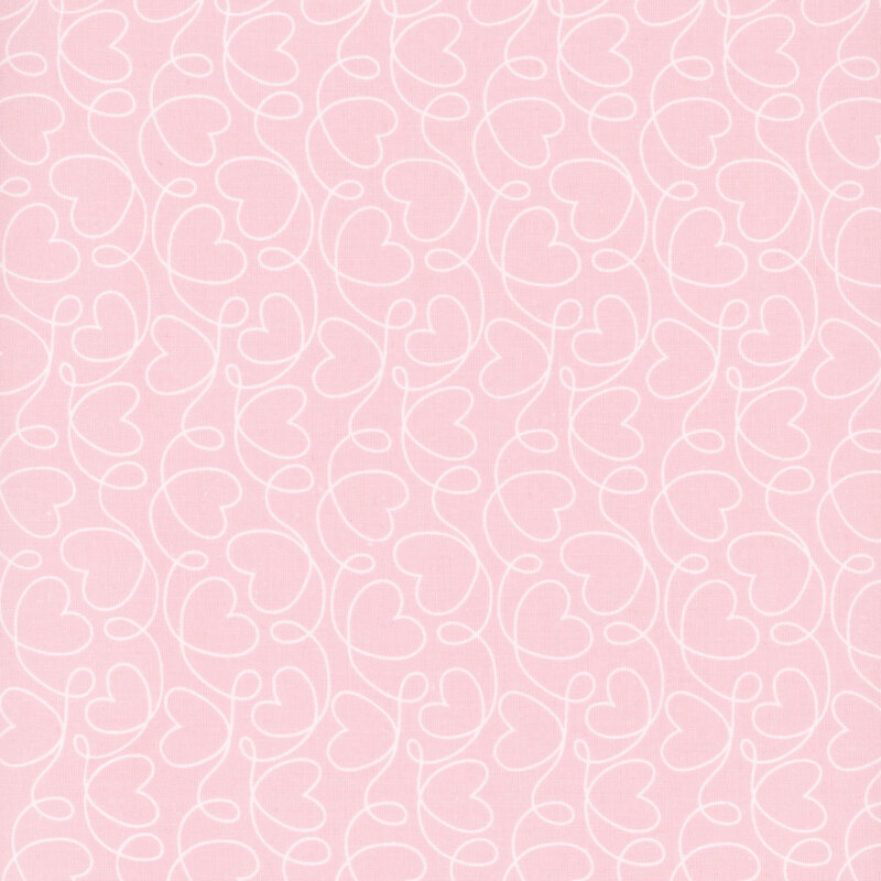 fabric pattern of outlined hearts all over a light pink background