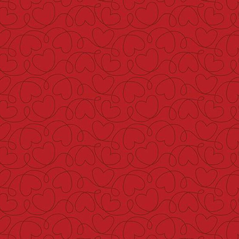 fabric pattern of hearts connected from lines all over a red background