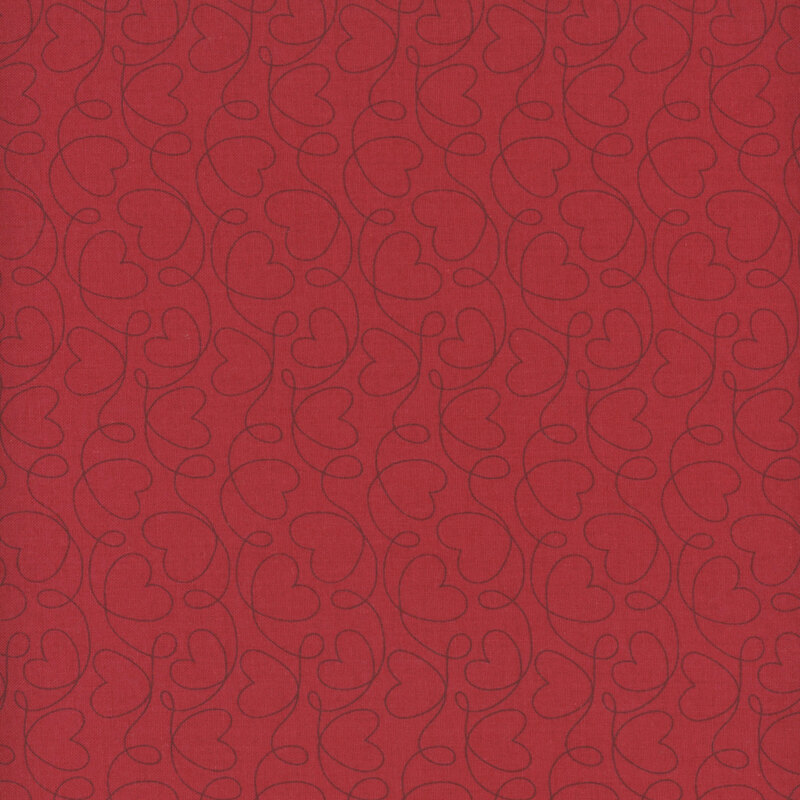fabric pattern of hearts connected from lines all over a red background