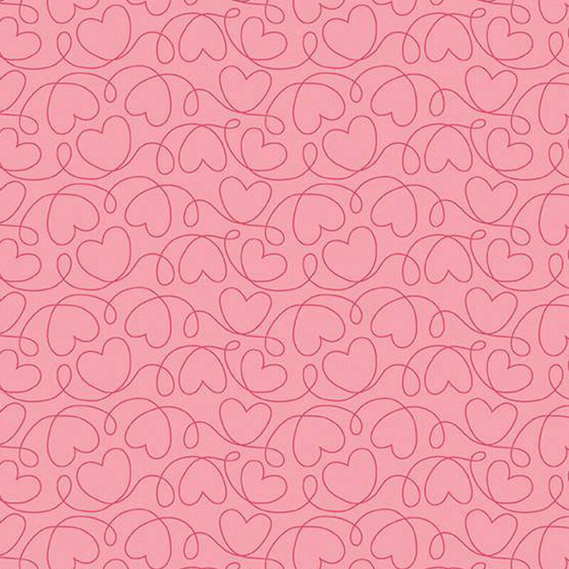 fabric pattern of hearts connected from lines all over a pink background