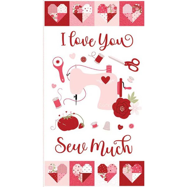 fabric pattern of a panel showing valentines day quotes, hearts, and sewing tools on a white background 