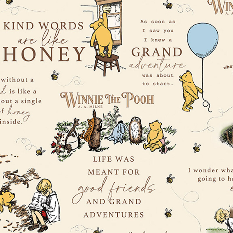 A patterned design featuring Winnie the Pooh characters, quotes, and whimsical illustrations on a light fabric.