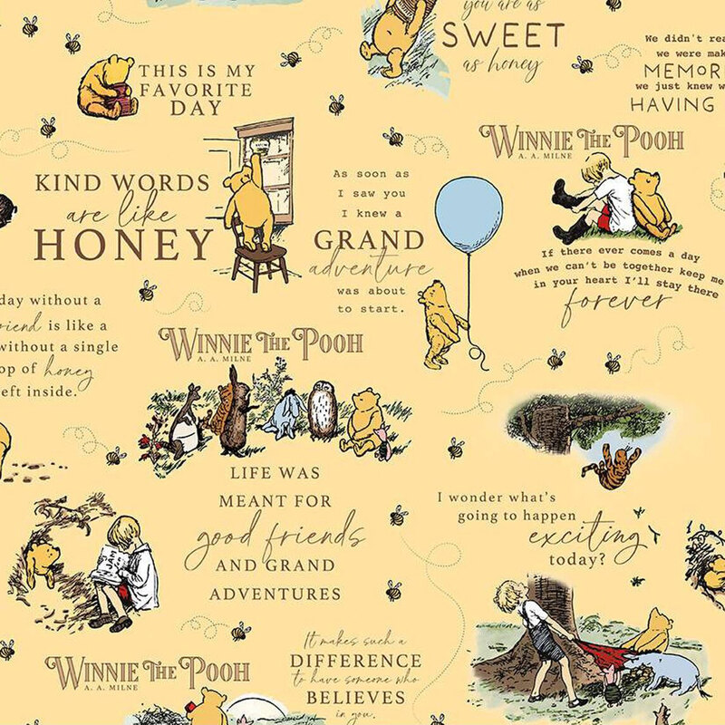 Pattern fabric Winnie the Pooh and friends with quotes about friendship and adventure on a yellow background.