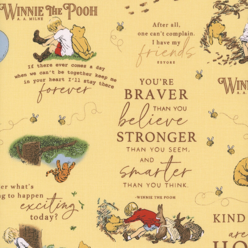 A yellow fabric featuring Winnie the Pooh and friends with quotes about friendship and adventure.