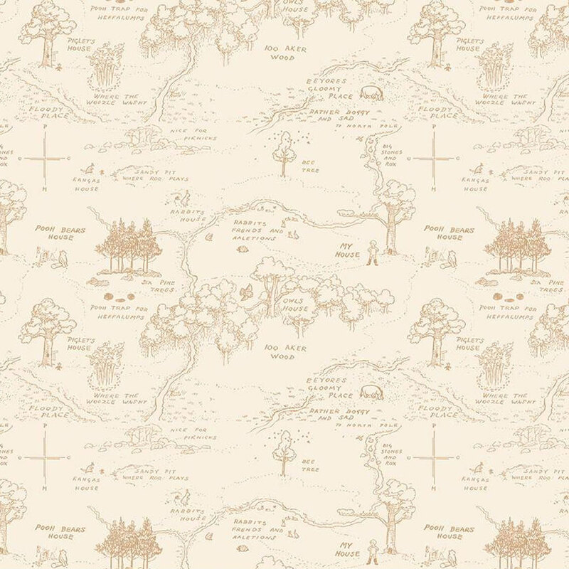 A seamless beige and brown illustrated pattern featuring trees, paths, and handwritten notes.