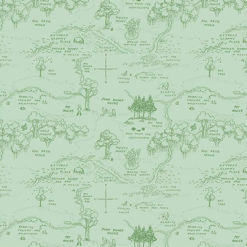 Pattern featuring hand-drawn trees, animals, and text annotations on a soft green fabric.