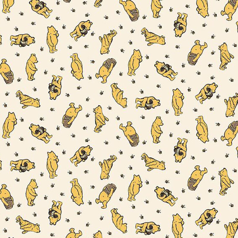 A repeating pattern featuring cartoonish yellow Winnie the Pooh with bees on a light fabric.