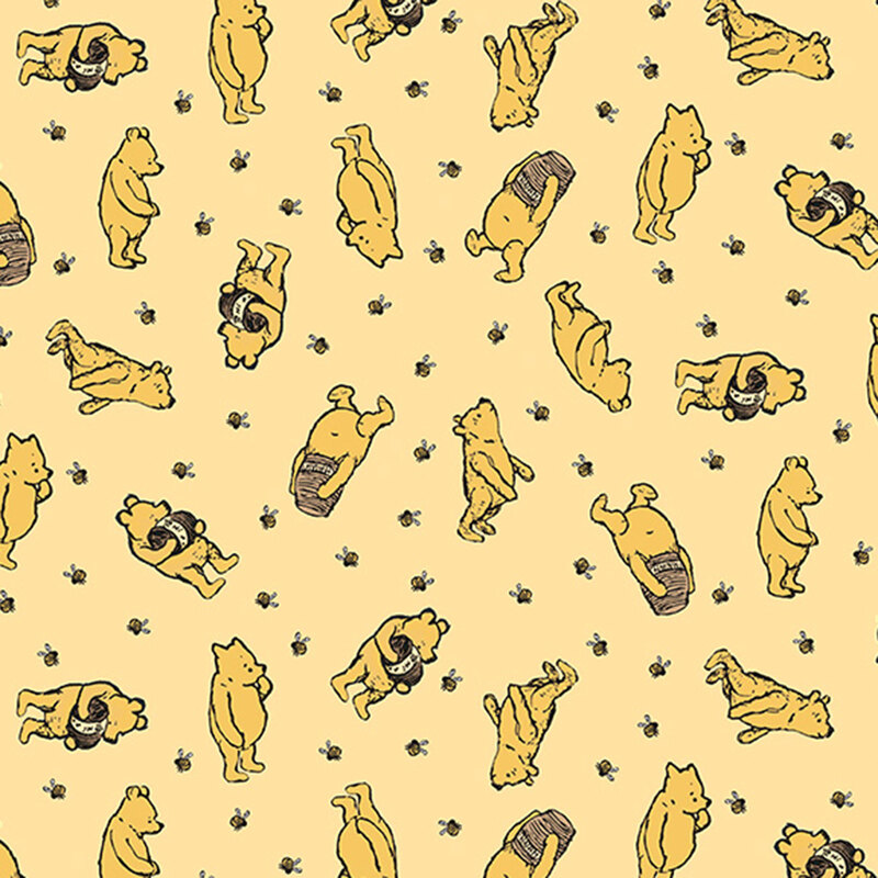 A repeating pattern of Winnie the Pooh illustrations on a pale yellow fabric.