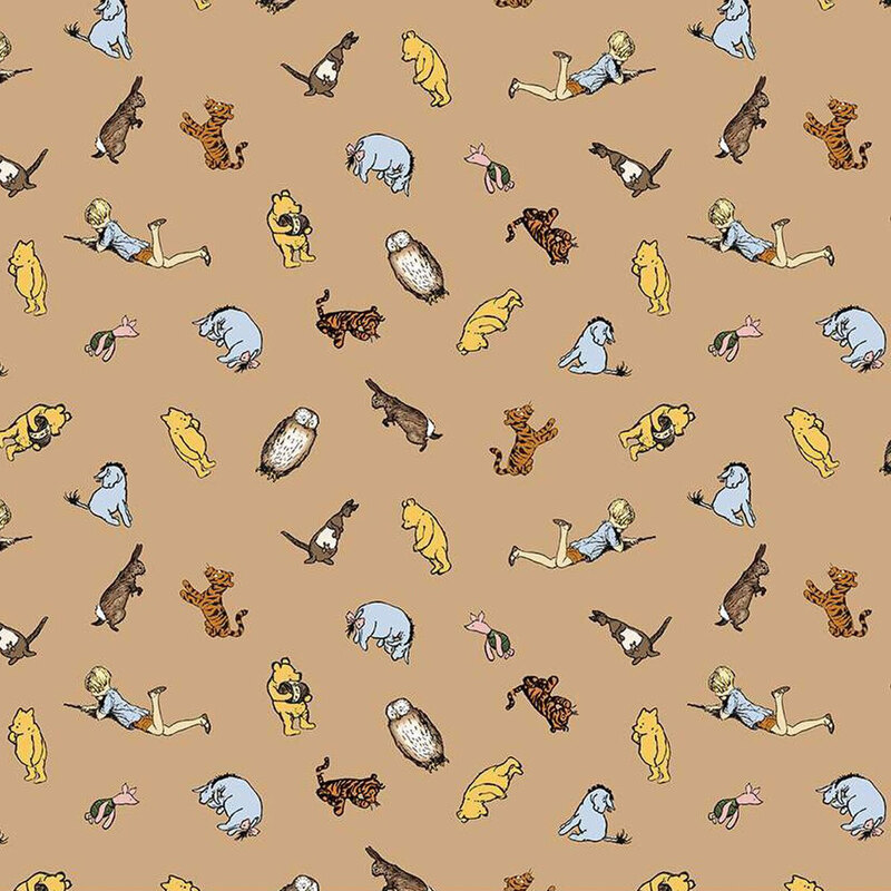 Pattern featuring children and various animals on a light brown background, illustrated in playful poses.