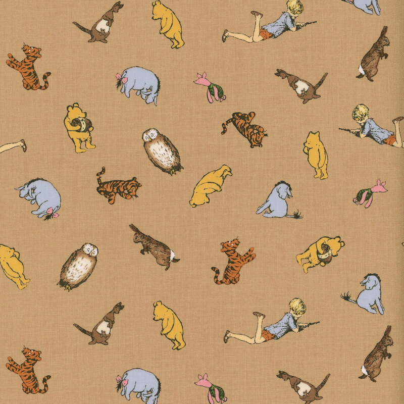 A brown fabric featuring tossed images of winnie the pooh, tigger, eeyore, Christopher Robin, roo, piglet, rabbit, owl, and kanga. 