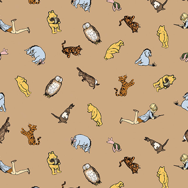 Pattern featuring children and various animals on a light brown background, illustrated in playful poses.