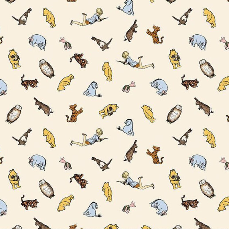 A seamless fabric pattern featuring various cartoon animals and a child in playful poses on a light background.