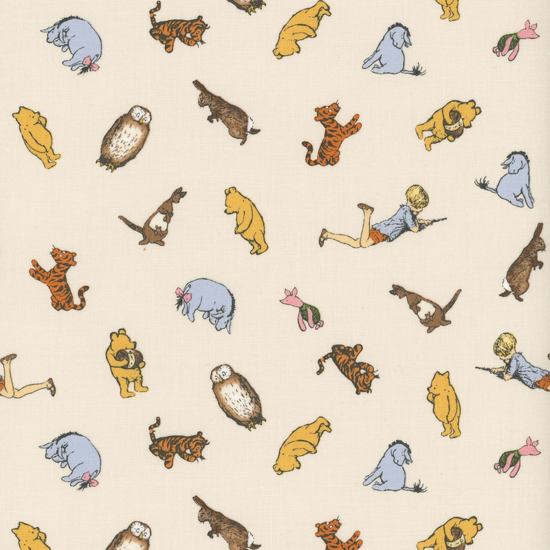 A cream fabric featuring tossed images of winnie the pooh, tigger, eeyore, Christopher Robin, roo, piglet, rabbit, owl, and kanga. 